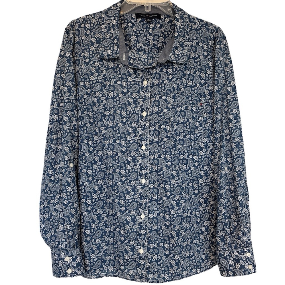 Vintage Floral Blouse Tommy Hilfiger Chambray Blue Cotton Minimalist Size XL - Picture 7 of 17